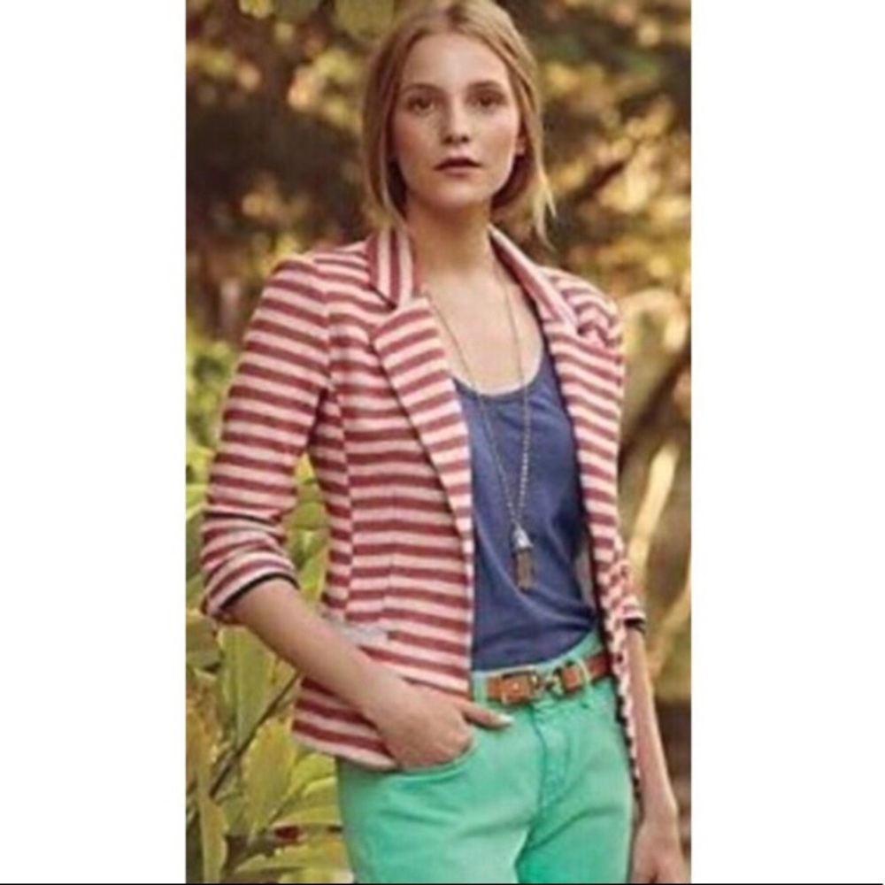 Anthropologie Coral and Cream Striped Blazer